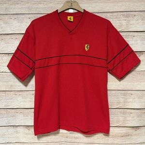 Vintage 1996 Ferrari Red Short Sleeve V-Neck Polo with Black Stripe Detail